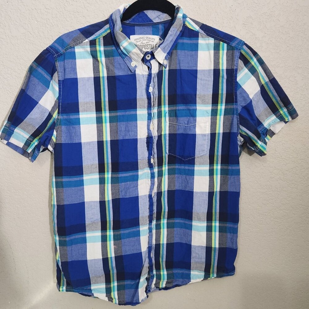 Aeropostale Shirt Mens Small Blue Plaid Short Sleeve Button-Up Cotton Casual